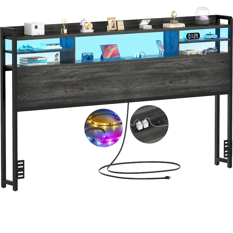 Storage Headboard with USB Port and Power Outlet, Head Board with LED Light for Bed Frame