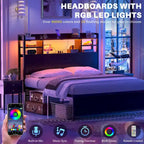 Storage Headboard with USB Port and Power Outlet, Head Board with LED Light for Bed Frame
