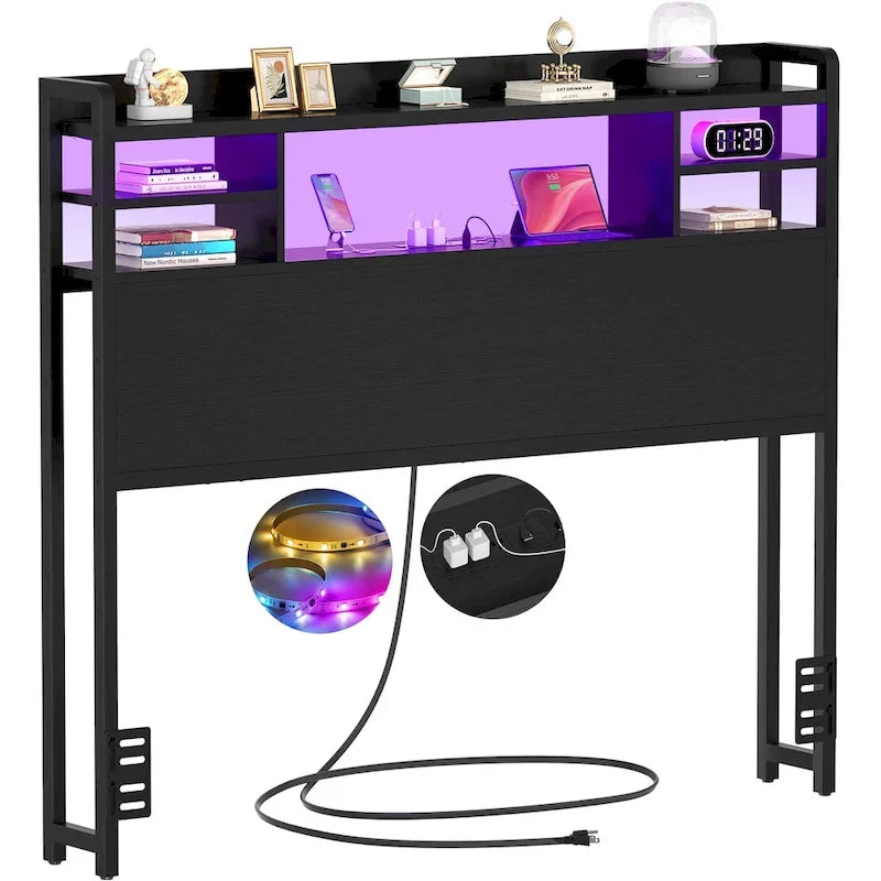 Storage Headboard with USB Port and Power Outlet, Head Board with LED Light for Bed Frame
