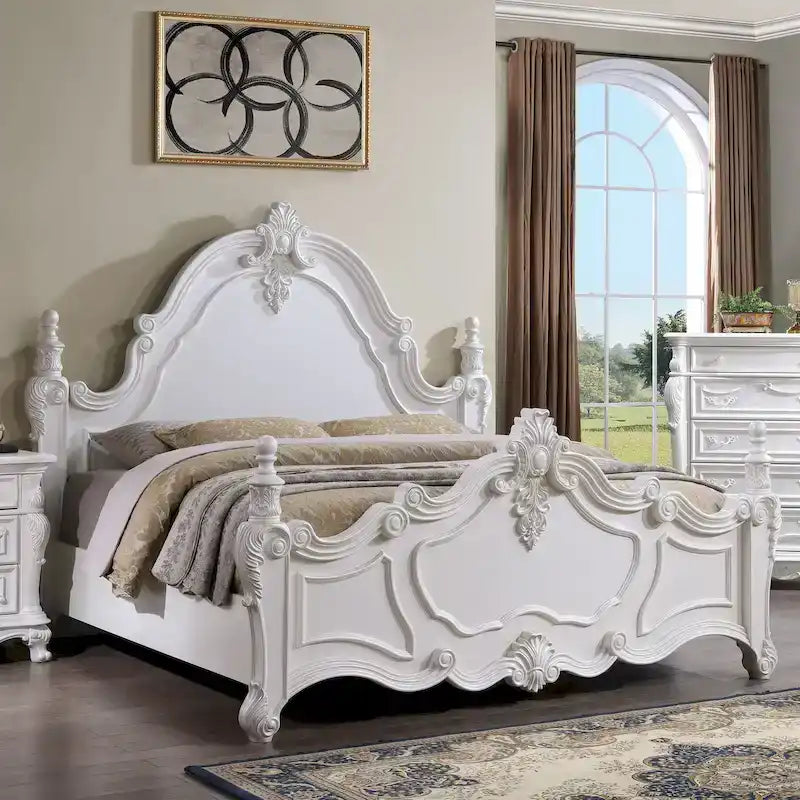 Furniture of America Eugene Traditional Dark Cherry Solid Wood Four Poster Panel Bed with Carved Details