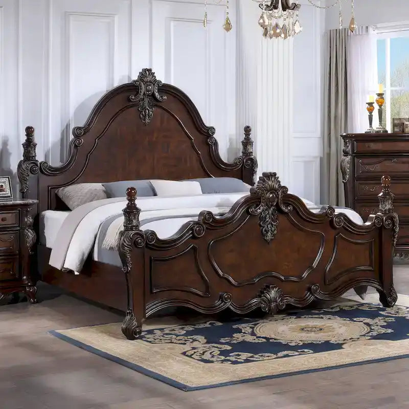 Furniture of America Eugene Traditional Dark Cherry Solid Wood Four Poster Panel Bed with Carved Details