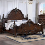 Furniture of America Eugene Traditional Dark Cherry Solid Wood Four Poster Panel Bed with Carved Details