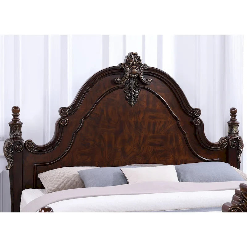Furniture of America Eugene Traditional Dark Cherry Solid Wood Four Poster Panel Bed with Carved Details