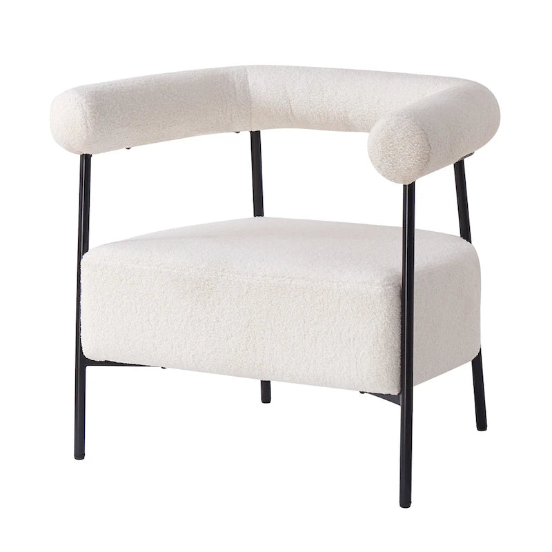 Modern Boucle Fabric Upholstered Accent Chair, Curved Armchair with Black Metal Frame