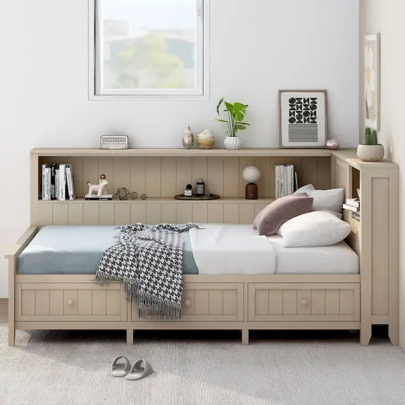 L-shaped Platform Bed Wood Daybed Frame with Side Storage Shelves and 2 Sliding Doors, 3 Drawers Under Bed, Antique White