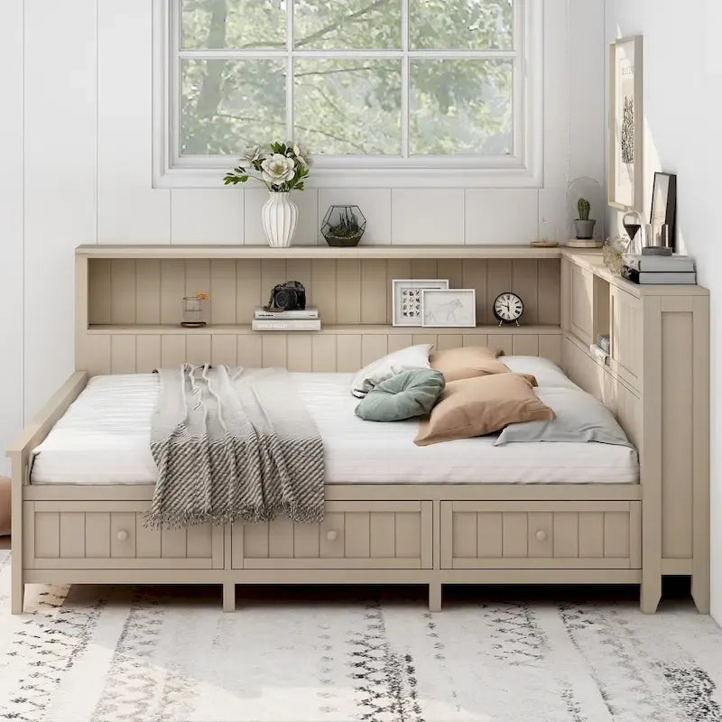 L-shaped Platform Bed Wood Daybed Frame with Side Storage Shelves and 2 Sliding Doors, 3 Drawers Under Bed, Antique White