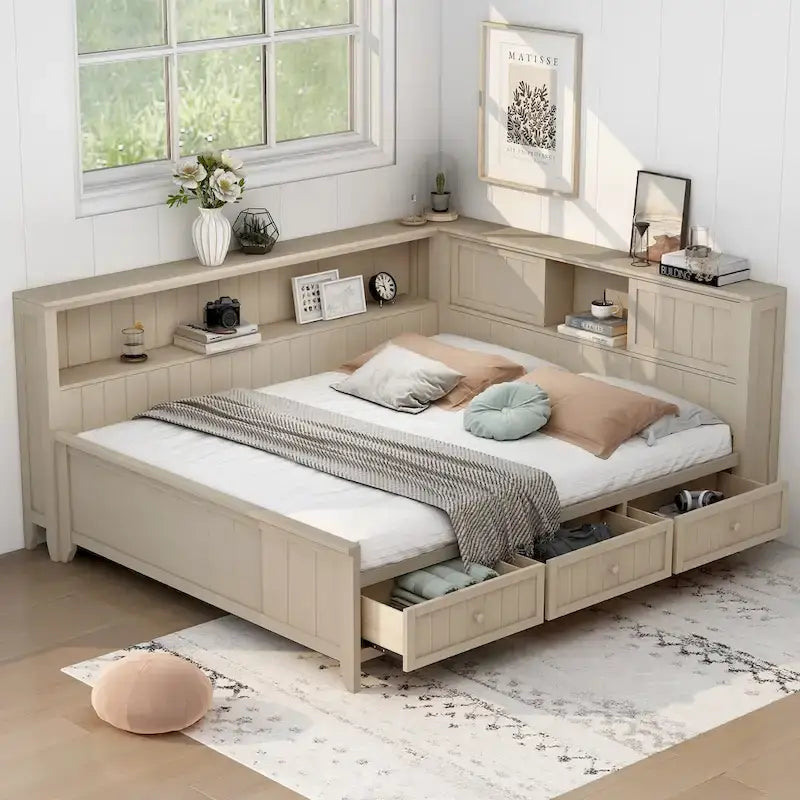 L-shaped Platform Bed Wood Daybed Frame with Side Storage Shelves and 2 Sliding Doors, 3 Drawers Under Bed, Antique White