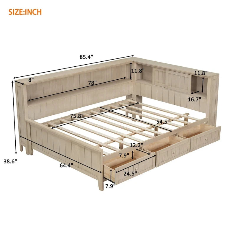 L-shaped Platform Bed Wood Daybed Frame with Side Storage Shelves and 2 Sliding Doors, 3 Drawers Under Bed, Antique White
