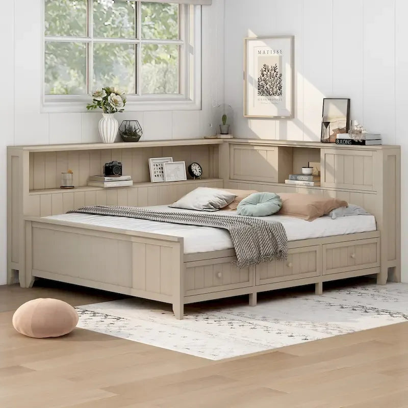 L-shaped Platform Bed Wood Daybed Frame with Side Storage Shelves and 2 Sliding Doors, 3 Drawers Under Bed, Antique White