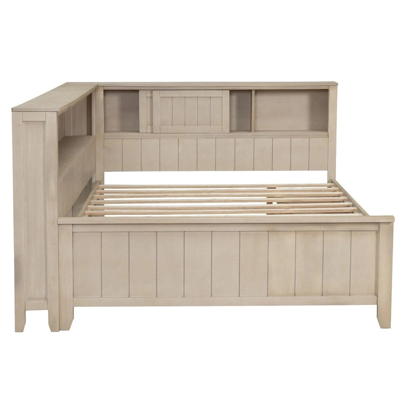 L-shaped Platform Bed Wood Daybed Frame with Side Storage Shelves and 2 Sliding Doors, 3 Drawers Under Bed, Antique White