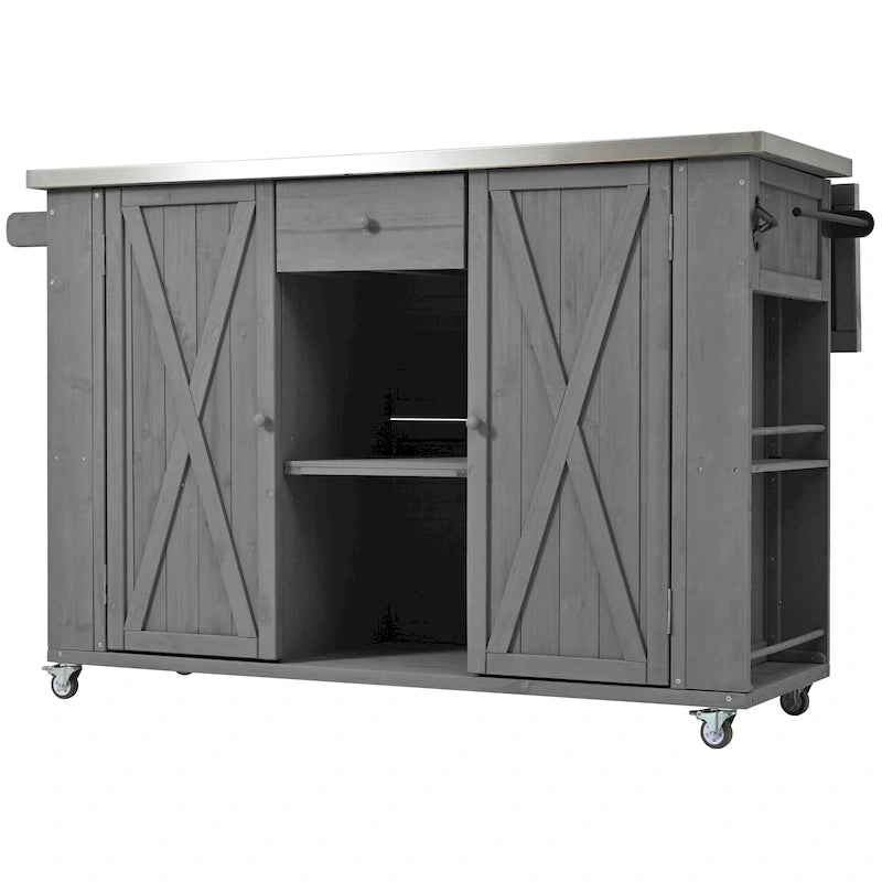 Outdoor Kitchen Island, Rustic Fir Wood with Stainless Steel Top and Smart Storage