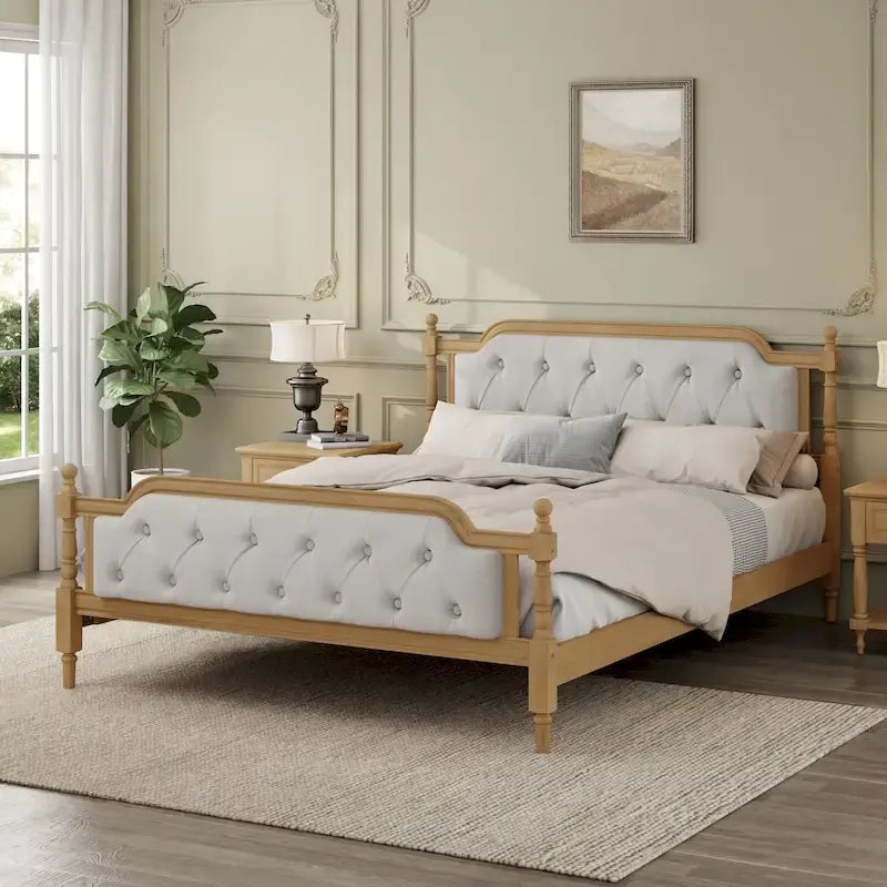 Wooden Platform Bed with Tufted Upholstered Headboard Footboard, No Box Spring Needed, Wood Slat Support Low Profile Bed