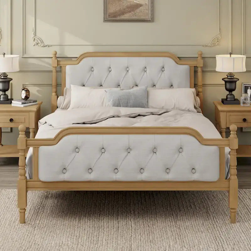 Wooden Platform Bed with Tufted Upholstered Headboard Footboard, No Box Spring Needed, Wood Slat Support Low Profile Bed