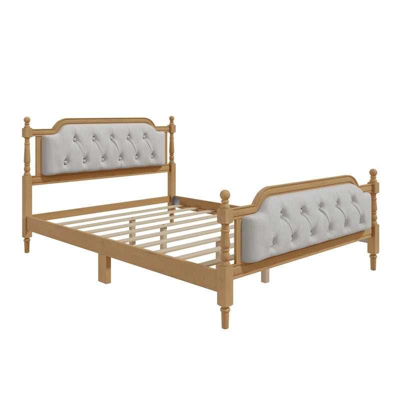 Wooden Platform Bed with Tufted Upholstered Headboard Footboard, No Box Spring Needed, Wood Slat Support Low Profile Bed