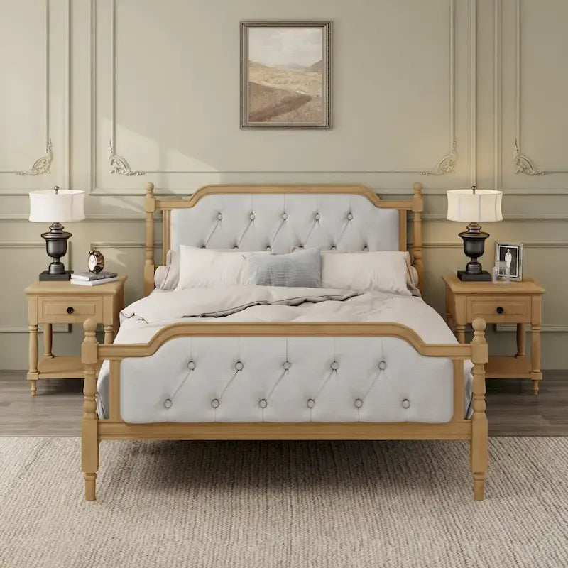 Wooden Platform Bed with Tufted Upholstered Headboard Footboard, No Box Spring Needed, Wood Slat Support Low Profile Bed