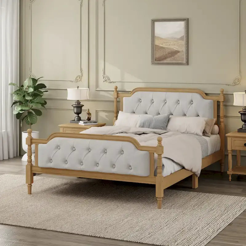 Wooden Platform Bed with Tufted Upholstered Headboard Footboard, No Box Spring Needed, Wood Slat Support Low Profile Bed