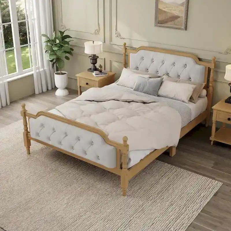 Wooden Platform Bed with Tufted Upholstered Headboard Footboard, No Box Spring Needed, Wood Slat Support Low Profile Bed