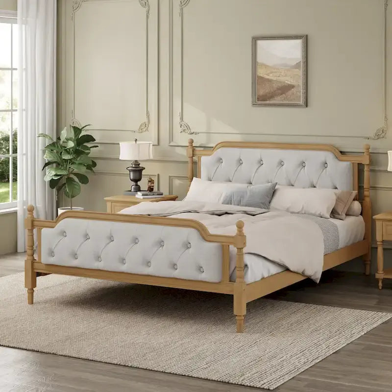 Wooden Platform Bed with Tufted Upholstered Headboard Footboard, No Box Spring Needed, Wood Slat Support Low Profile Bed