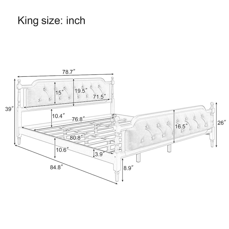 Wooden Platform Bed with Tufted Upholstered Headboard Footboard, No Box Spring Needed, Wood Slat Support Low Profile Bed