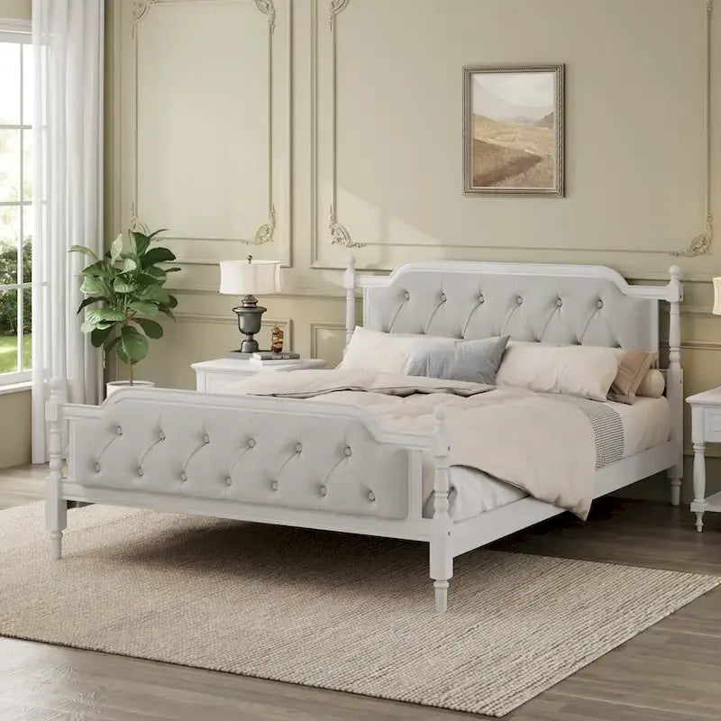 Wooden Platform Bed with Tufted Upholstered Headboard Footboard, No Box Spring Needed, Wood Slat Support Low Profile Bed