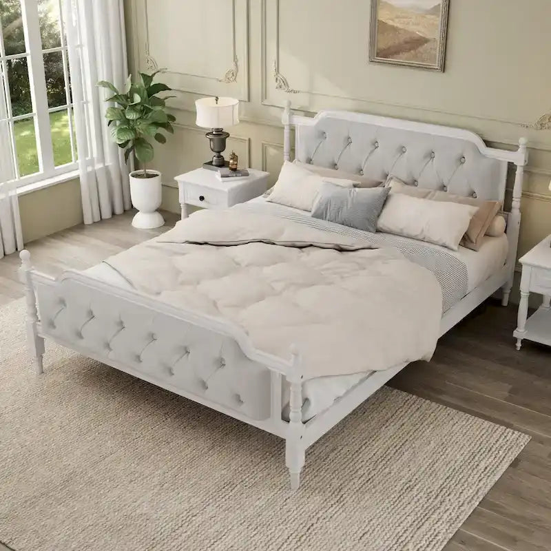 Wooden Platform Bed with Tufted Upholstered Headboard Footboard, No Box Spring Needed, Wood Slat Support Low Profile Bed