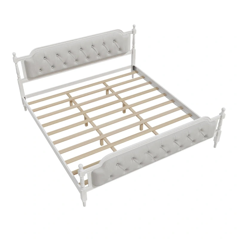 Wooden Platform Bed with Tufted Upholstered Headboard Footboard, No Box Spring Needed, Wood Slat Support Low Profile Bed