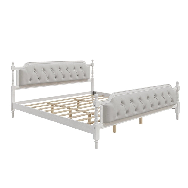 Wooden Platform Bed with Tufted Upholstered Headboard Footboard, No Box Spring Needed, Wood Slat Support Low Profile Bed