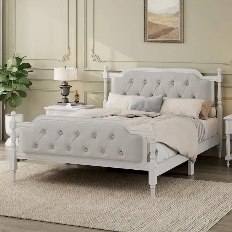 Wooden Platform Bed with Tufted Upholstered Headboard Footboard, No Box Spring Needed, Wood Slat Support Low Profile Bed