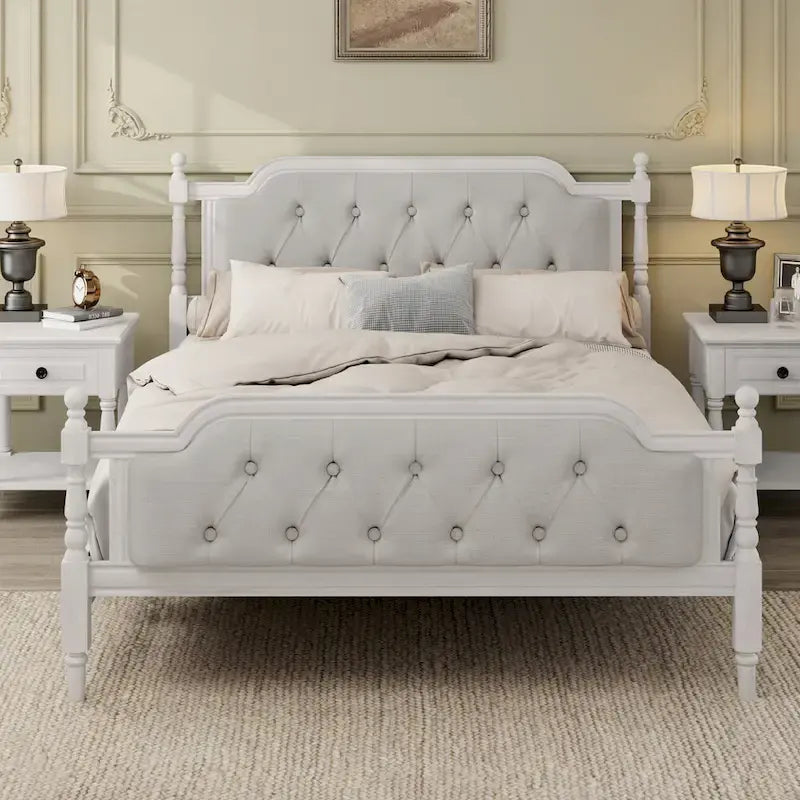 Wooden Platform Bed with Tufted Upholstered Headboard Footboard, No Box Spring Needed, Wood Slat Support Low Profile Bed