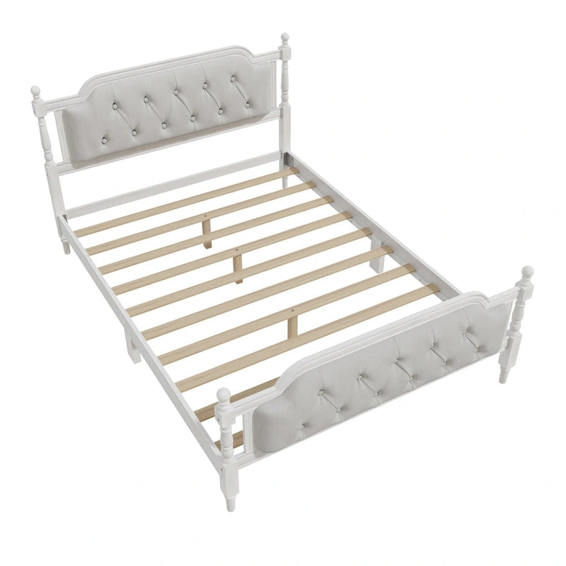 Wooden Platform Bed with Tufted Upholstered Headboard Footboard, No Box Spring Needed, Wood Slat Support Low Profile Bed