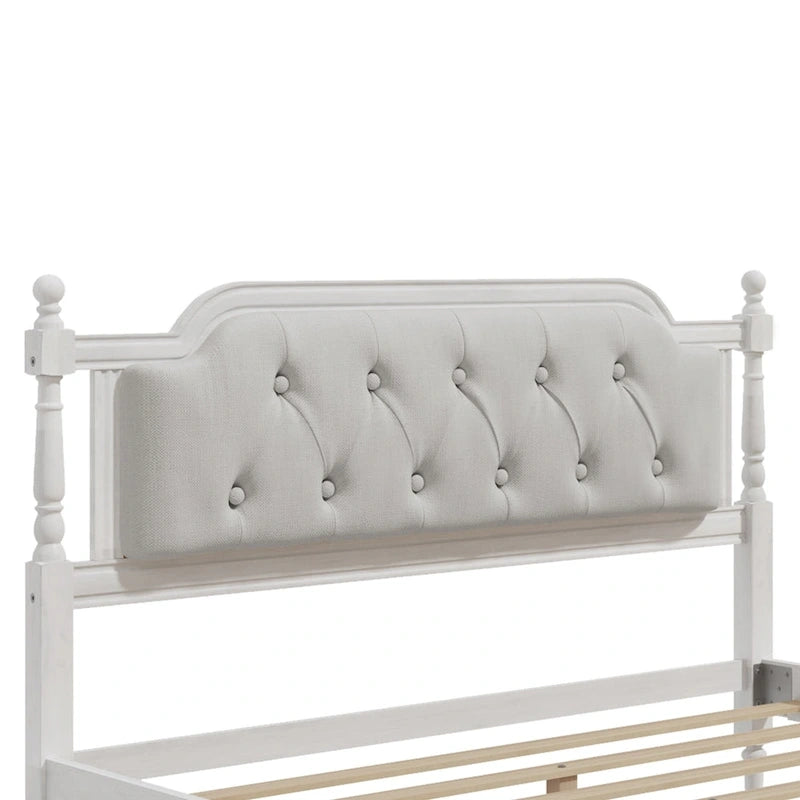 Wooden Platform Bed with Tufted Upholstered Headboard Footboard, No Box Spring Needed, Wood Slat Support Low Profile Bed