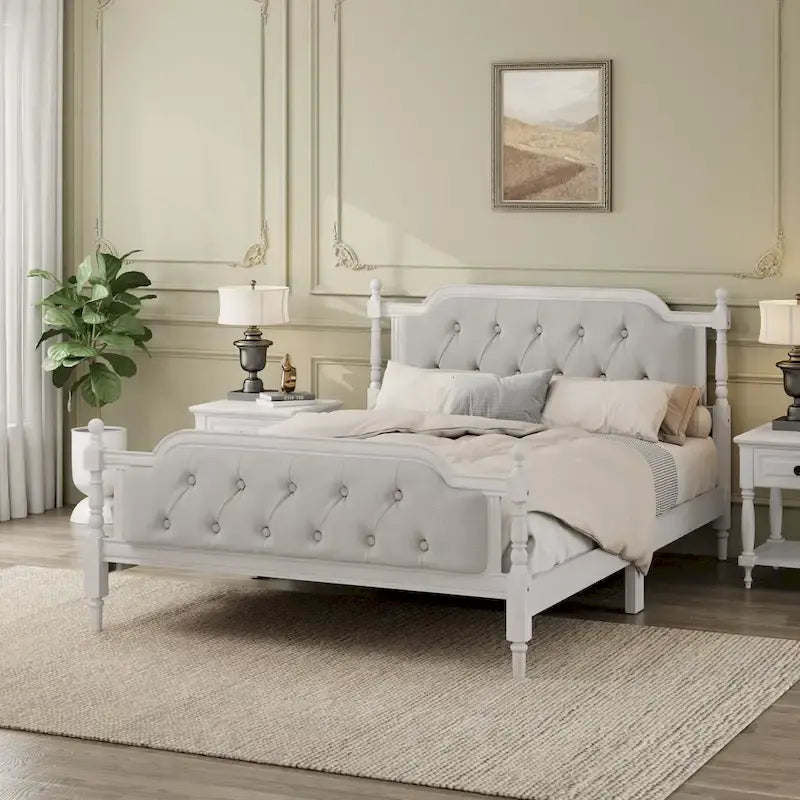 Wooden Platform Bed with Tufted Upholstered Headboard Footboard, No Box Spring Needed, Wood Slat Support Low Profile Bed