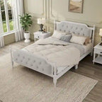 Wooden Platform Bed with Tufted Upholstered Headboard Footboard, No Box Spring Needed, Wood Slat Support Low Profile Bed