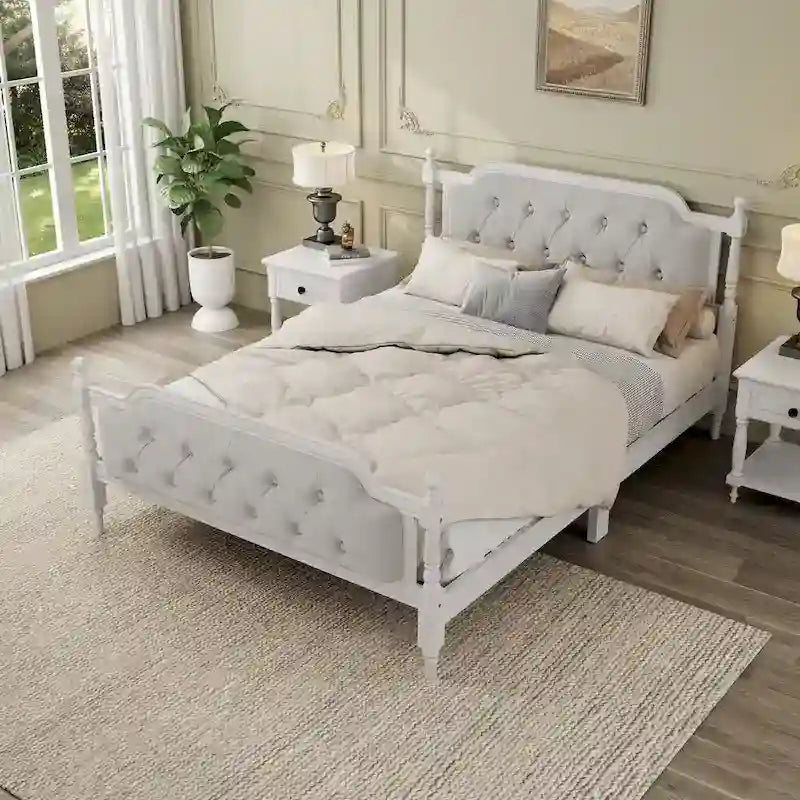 Wooden Platform Bed with Tufted Upholstered Headboard Footboard, No Box Spring Needed, Wood Slat Support Low Profile Bed