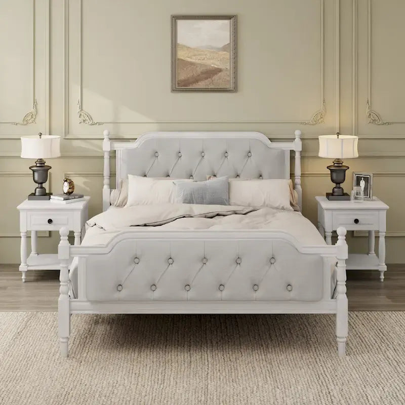 Wooden Platform Bed with Tufted Upholstered Headboard Footboard, No Box Spring Needed, Wood Slat Support Low Profile Bed