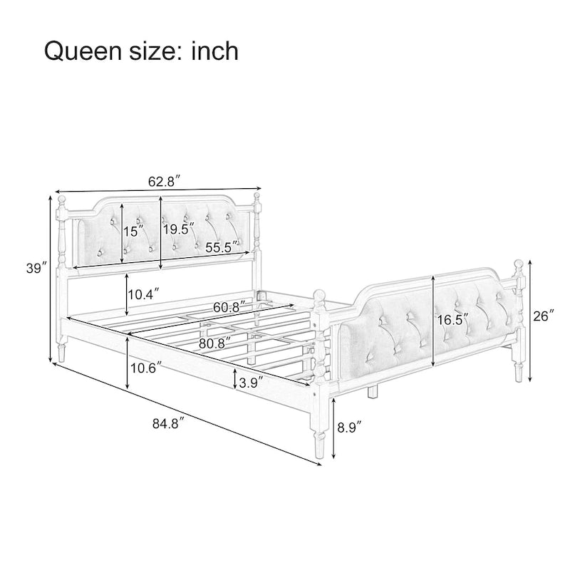 Wooden Platform Bed with Tufted Upholstered Headboard Footboard, No Box Spring Needed, Wood Slat Support Low Profile Bed