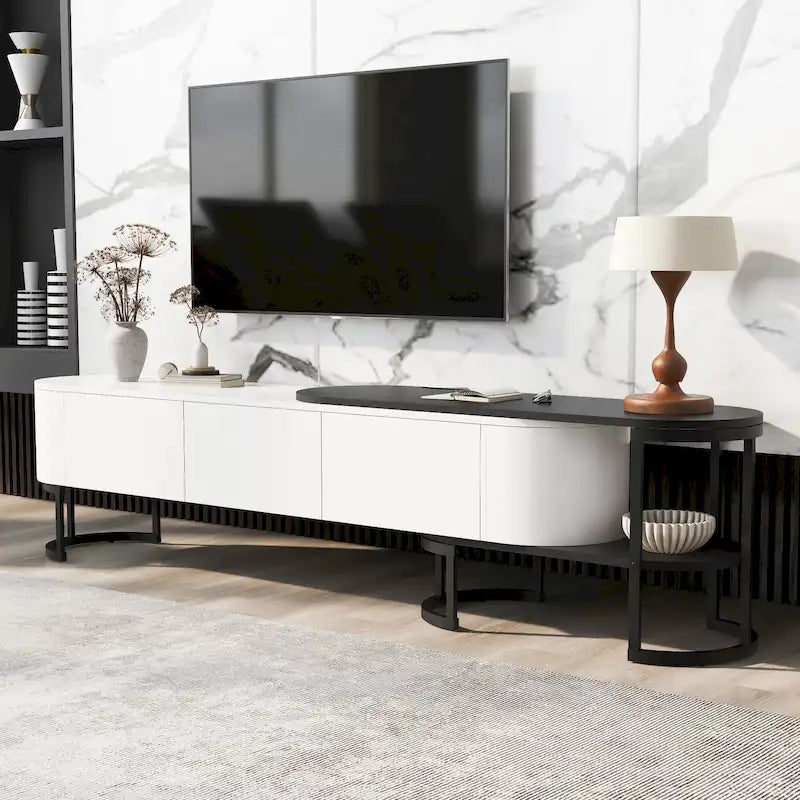 Modern Black White Retractable TV Stand with 3 Drawers and Metal Adjustable Legs for Living Room Bedroom