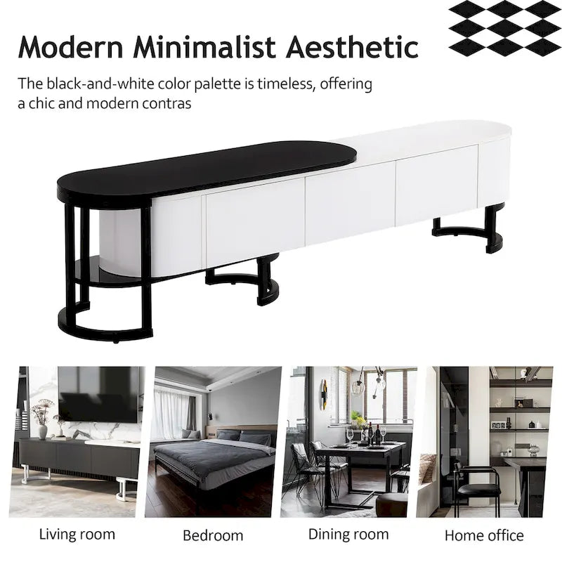 Modern Black White Retractable TV Stand with 3 Drawers and Metal Adjustable Legs for Living Room Bedroom