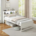 Gymax Twin Size Wooden Bed Frame w/ Charging Station & LED Light