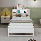 Gymax Twin Size Wooden Bed Frame w/ Charging Station & LED Light