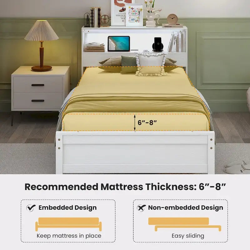 Gymax Twin Size Wooden Bed Frame w/ Charging Station & LED Light