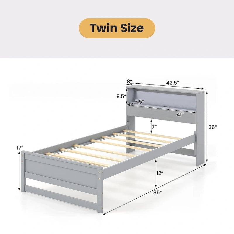 Gymax Twin Size Wooden Bed Frame w/ Charging Station & LED Light