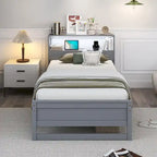 Gymax Twin Size Wooden Bed Frame w/ Charging Station & LED Light