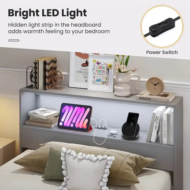 Gymax Twin Size Wooden Bed Frame w/ Charging Station & LED Light