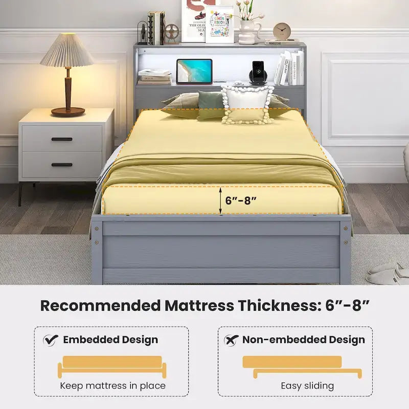 Gymax Twin Size Wooden Bed Frame w/ Charging Station & LED Light