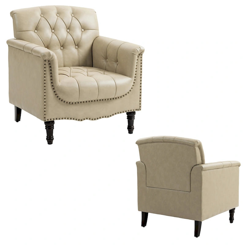 Tufted Vegan Leather Accent Chairs Set of 2, Armchair with Nailhead Trim