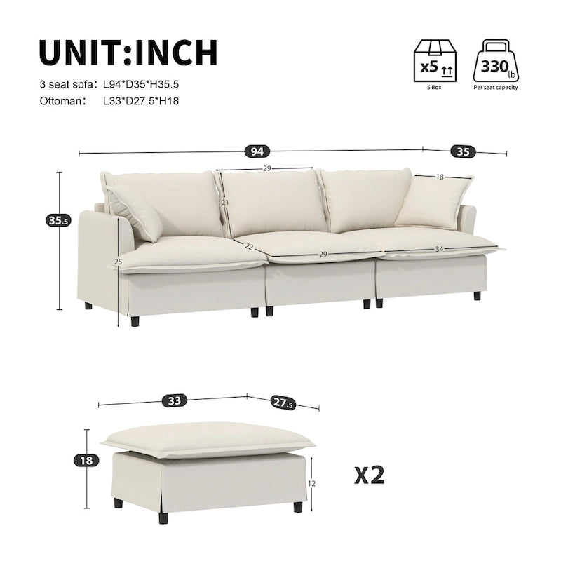 U Shaped Cloud Couch Set Chenille Sectional Sofa w/Ottoman, Pillows