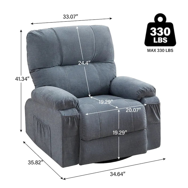 360 Swivel Manual Recliner Single Sofa Chair Fabric Lounge Chair with Pull Out Footrest and Side Pockets