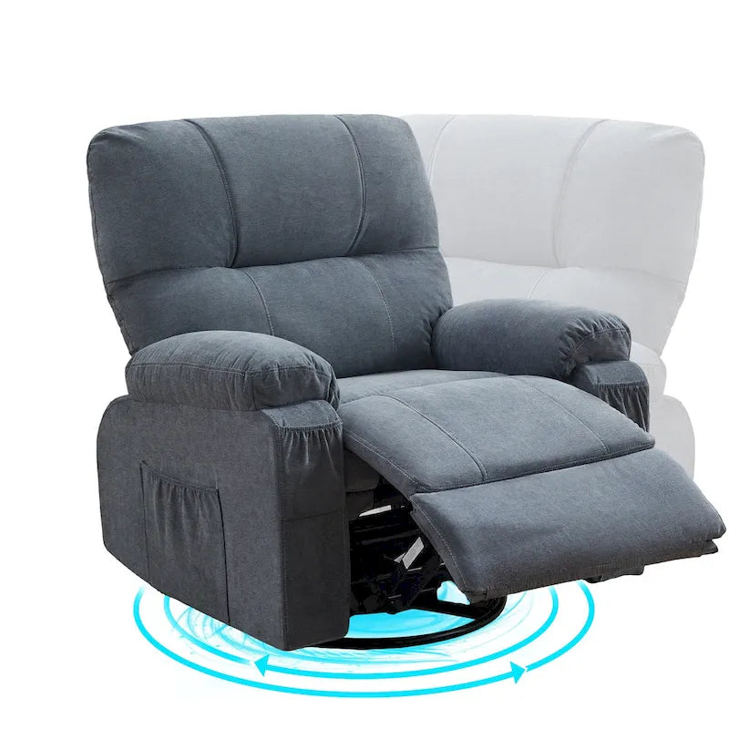 360 Swivel Manual Recliner Single Sofa Chair Fabric Lounge Chair with Pull Out Footrest and Side Pockets
