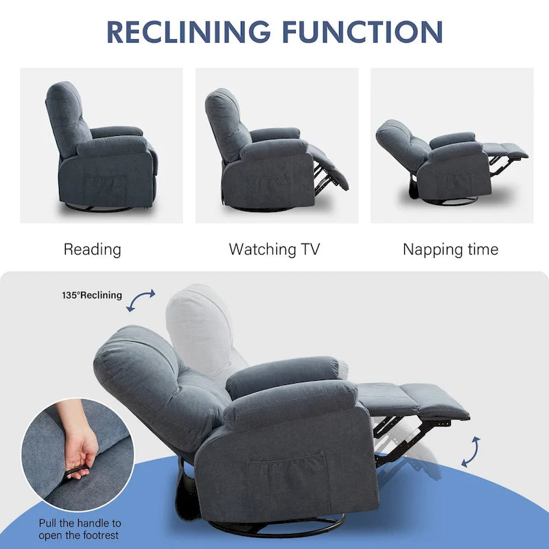 360 Swivel Manual Recliner Single Sofa Chair Fabric Lounge Chair with Pull Out Footrest and Side Pockets